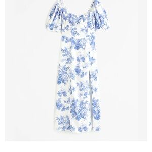 Abercrombie & Fitch Blue and White Puff Sleeve Midi Dress